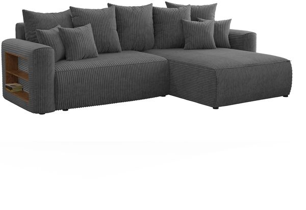 MEBLINI Schlafcouch mit Bettkasten - 260 x 160 x 78 cm - Dunkelgrau Cordstoff - NAPLES - Kleines Ecksofa mit Schlaffunktion - Sofa mit Relaxfunktion und Kissen - Kleine Couch L-Form - Eckcouch