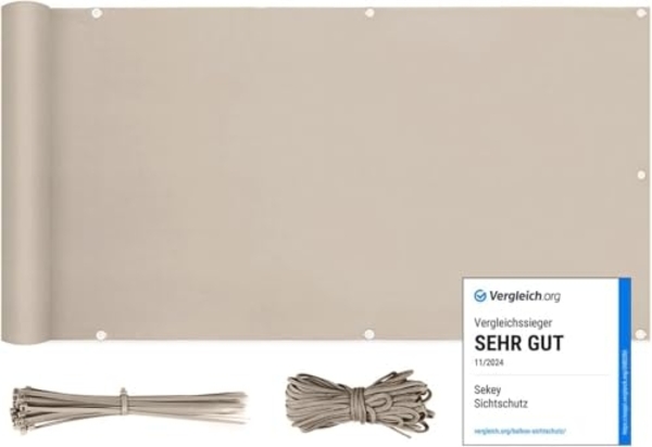 Sekey Balkon Sichtschutz Balkonabdeckung Balkonverkleidung blickdichte Wind- und UV-Schutz, 100% Privatsphäre, mit Ösen, Nylon Kabelbinder und Kordel, 75x300 cm Taupe
