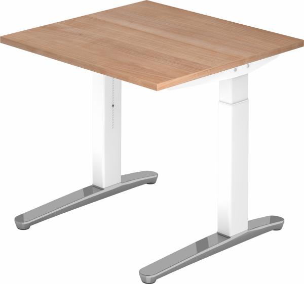 bümö manuell höhenverstellbarer Schreibtisch 80x80 in Nussbaum, Gestell in weiß/alu - PC Tisch höhenverstellbar & klein, höhenverstellbarer Tisch Büro, kleiner Computertisch verstellbar, X08-N-WC