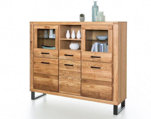 ELFO Highboard Highboard Tina Vitrine in Wildeiche geölt Teilmassiv B. 158cm