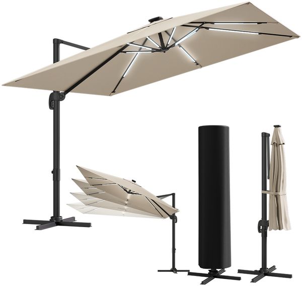 STEELSØN 'Lyrion' Sonnenschirm LED Solar 300x300 cm quadratisch, neigbar und 360-Grad drehbar, taupe, Ampelschirm inkl. Abdeckung, UV50+