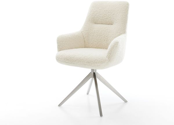 Drehstuhl Zelia-Flex mit Armlehnen Teddystoff Beige Kreuzgestell breit Edelstahl 360° drehbar Wippfunktion Taschenfederkern