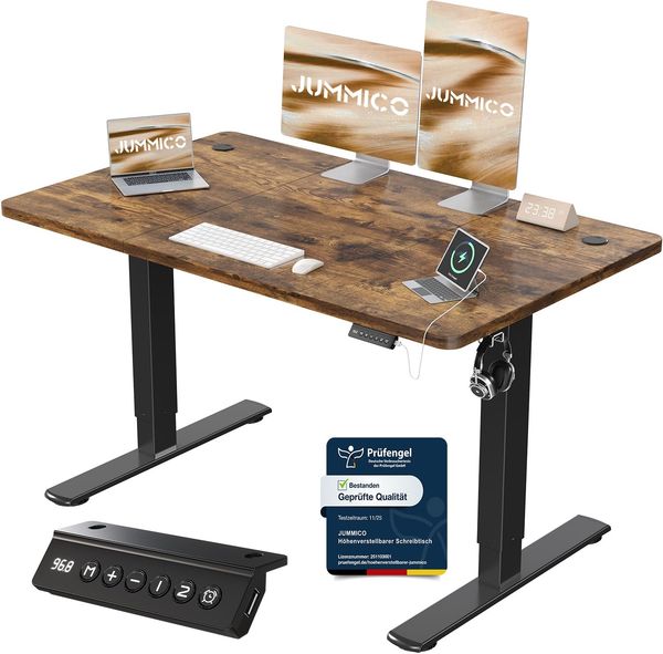 JUMMICO Schreibtisch elektrisch höhenverstellbar mit USB-Ladeanschluss, Braun, 120x60 cm