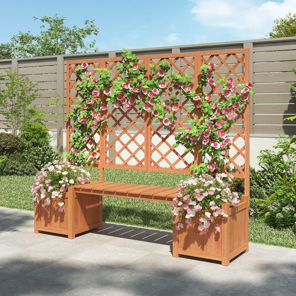 Spalier mit Blumenkasten und Sitzflächen, Holz-Pflanzengitter, Pflanzkasten, Rankgitter, Rankhilfe