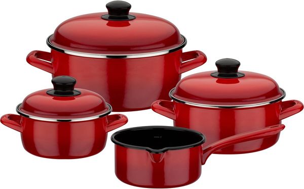 GSW Topf-Set Red Shadow, Emaille (Set, 7-tlg, je 1 Kochtopf 16/20/24 cm, 1x Stielkasserolle 16 cm), Induktion