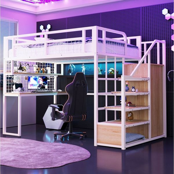 STILVORA Hochbett 140x200 mit Kleiderschrank,Eisenbett Jugendbett mit Stauraum&Matratze