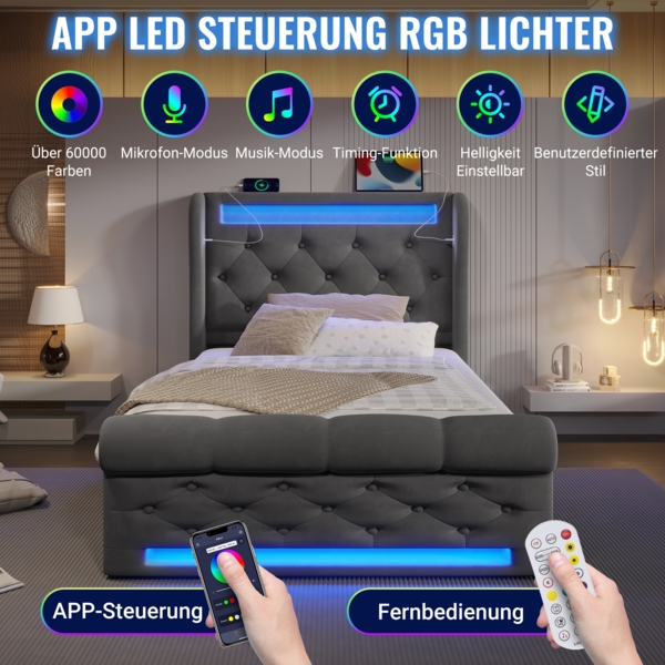 Polsterbett, Einzelbett mit LED-Leuchten Stauraum-Kopfteil USB Typ-C Anschlüssen Hydraulischem Stauraum, Samt, Grau, 90x200cm Bild 5