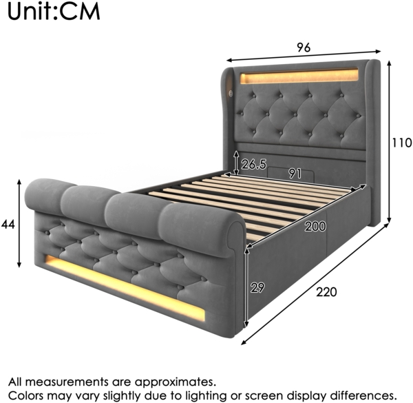 Polsterbett, Einzelbett mit LED-Leuchten Stauraum-Kopfteil USB Typ-C Anschlüssen Hydraulischem Stauraum, Samt, Grau, 90x200cm Bild 2