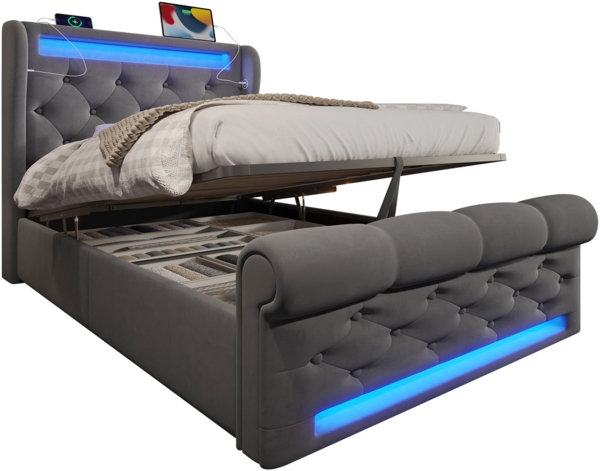 Polsterbett, Einzelbett mit LED-Leuchten Stauraum-Kopfteil USB Typ-C Anschlüssen Hydraulischem Stauraum, Samt, Grau, 90x200cm Bild 7
