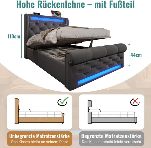 Polsterbett, Einzelbett mit LED-Leuchten Stauraum-Kopfteil USB Typ-C Anschlüssen Hydraulischem Stauraum, Samt, Grau, 90x200cm Bild 4