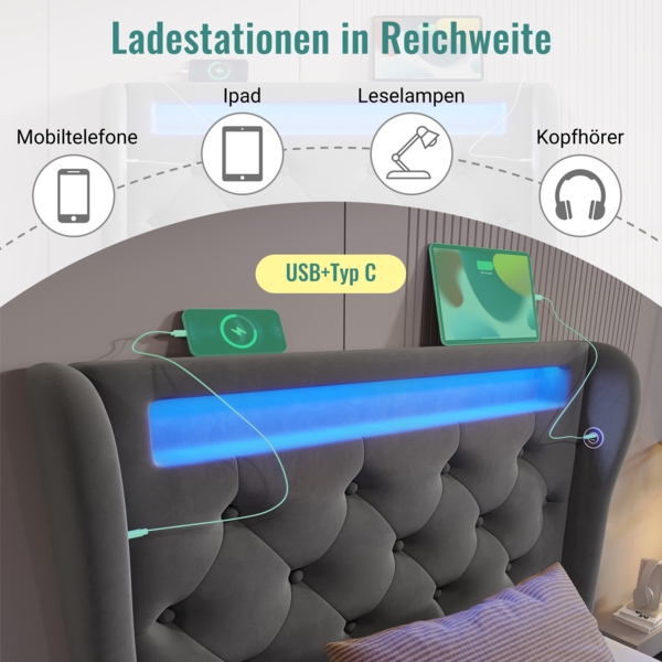 Polsterbett, Einzelbett mit LED-Leuchten Stauraum-Kopfteil USB Typ-C Anschlüssen Hydraulischem Stauraum, Samt, Grau, 90x200cm Bild 6