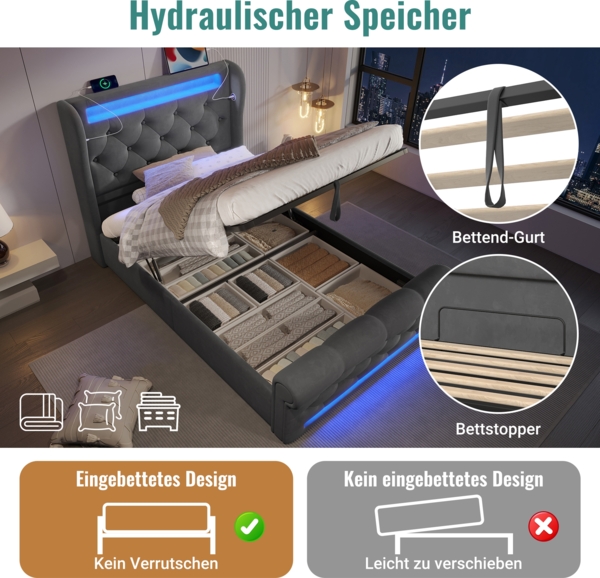 Polsterbett, Einzelbett mit LED-Leuchten Stauraum-Kopfteil USB Typ-C Anschlüssen Hydraulischem Stauraum, Samt, Grau, 90x200cm Bild 3