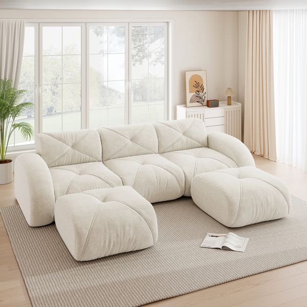 3-Sitzer Modulsofa H 76 x T 281 x B 171 cm aus Chenille in Weiß, rahmenloses Sofa mit flexiblem Aufbau