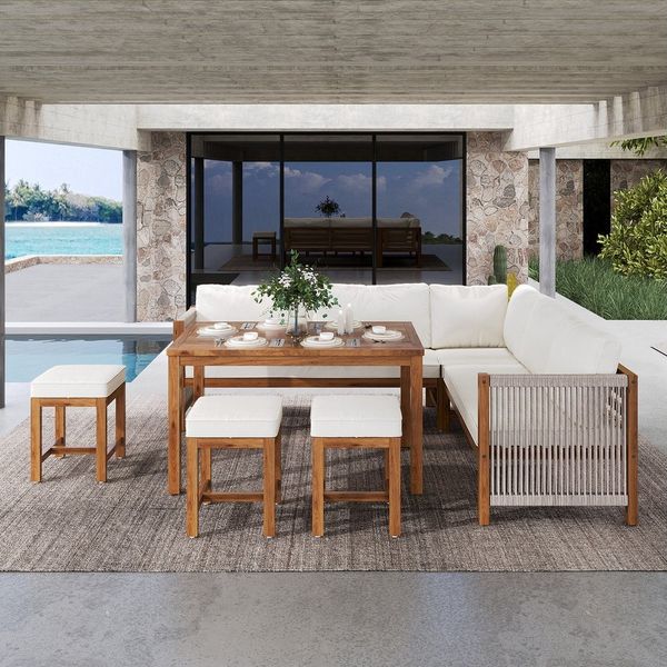 Flieks Gartenlounge-Set, 8-Sitzer Esstisch-Set Essgruppe Gartenmöbel aus Akazienholz und Seil