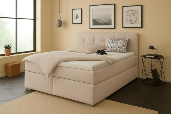 Boxspringbett TOM-OM 200x200 cm mit gepolstertem Kopfteil. Farbe: Beige Bild 2