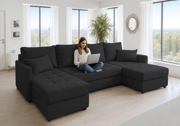 AX LIVING Ecksofas groß Dolceo 287 cm – Sofa schwarz mit Schlaffunktion
