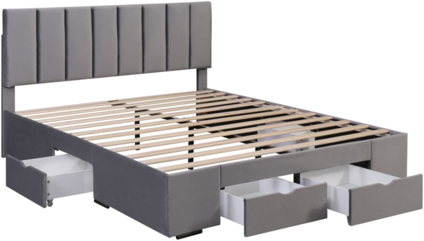 Merax Polsterbett 160x200 Doppelbett aus Samt mit 4 Schubladen & Höhenverstellbares Kopfteil & Lattenrost Grau