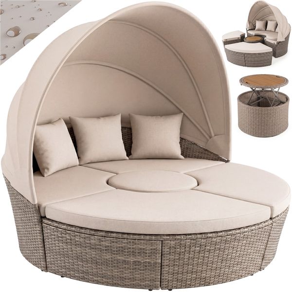 CASARIA® Polyrattan Sonneninsel Sonnenliege mit Faltbarem Dach Beige Grau
