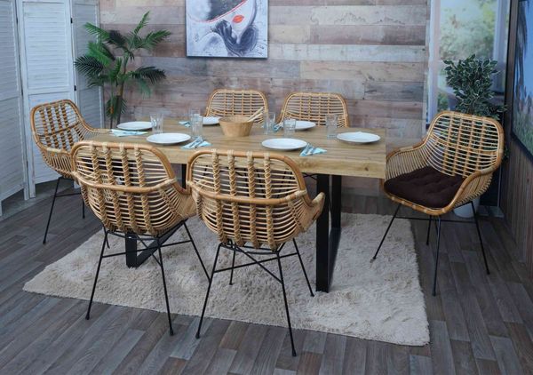 6er-Set Esszimmerstuhl HWC-P17, Küchenstuhl Korbstuhl Rattansessel Rattanstuhl Stuhl, Kubu Rattan Metall ~ Polster braun