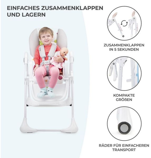 Kinderkraft Hochstuhl 'YUMMY' Rosa, 5-Punkt-Gurt, rutschfeste Stuhlbeinkappen, höhenverstellbar, inkl. abnehmbares Essbrett