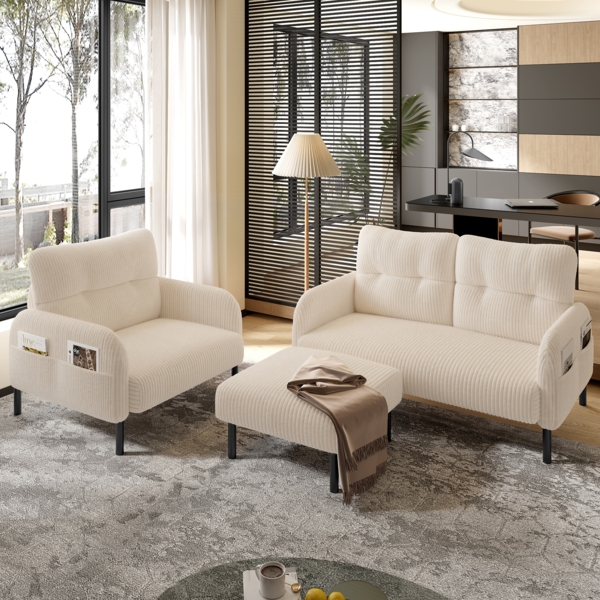 LVHOM Cord 3er-Set 2-Sitzer+Sessel+Hocker, Flexibel für Wohnzimmer Ecksofa mit Seitentaschen, Sitzgruppe Beige