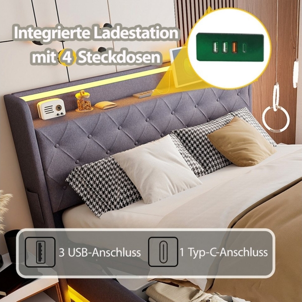 Merax Polsterbett mit LED-Beleuchtung & USB-Ladeanschluss (1-tlg, Hydraulisches Stauraumbett Mehrzweckbett Jugendbett), Doppelbett 160x200cm mit hydraulischem Stauraum & Regal, Leinenstoff Bild 3