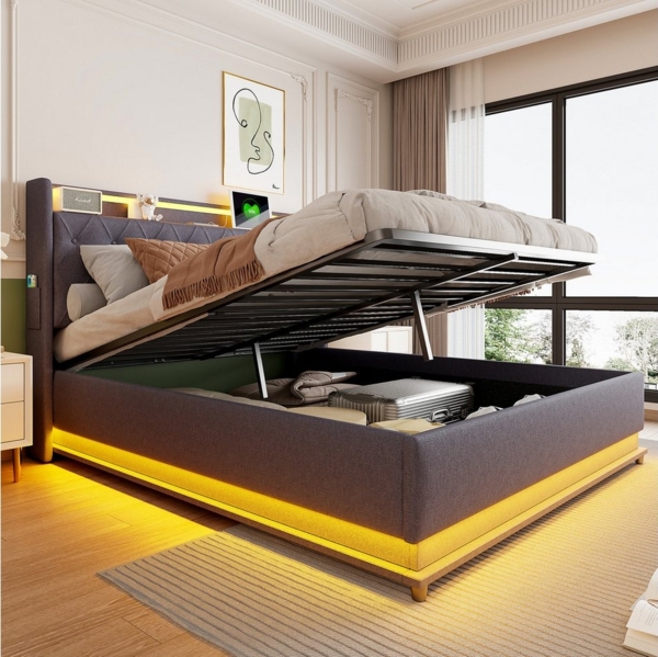 Merax Polsterbett mit LED-Beleuchtung & USB-Ladeanschluss (1-tlg, Hydraulisches Stauraumbett Mehrzweckbett Jugendbett), Doppelbett 160x200cm mit hydraulischem Stauraum & Regal, Leinenstoff Bild 5