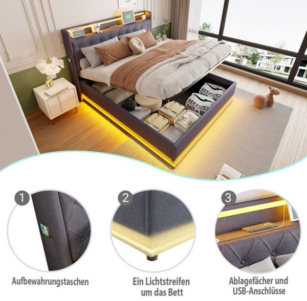 Merax Polsterbett mit LED-Beleuchtung & USB-Ladeanschluss (1-tlg, Hydraulisches Stauraumbett Mehrzweckbett Jugendbett), Doppelbett 160x200cm mit hydraulischem Stauraum & Regal, Leinenstoff Bild 4