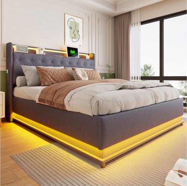 Merax Polsterbett mit LED-Beleuchtung & USB-Ladeanschluss (1-tlg, Hydraulisches Stauraumbett Mehrzweckbett Jugendbett), Doppelbett 160x200cm mit hydraulischem Stauraum & Regal, Leinenstoff Bild 2