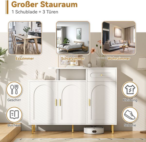 Kommode/Sideboard/Schuhschrank mit Metallgriffen, 1 Schublade und 3 Türen, auf Metallfüßen, Weiß. Maße: B120 × H92 × T35 cm Bild 3
