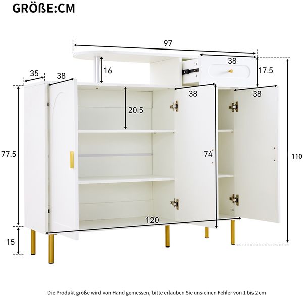 Kommode/Sideboard/Schuhschrank mit Metallgriffen, 1 Schublade und 3 Türen, auf Metallfüßen, Weiß. Maße: B120 × H92 × T35 cm Bild 8