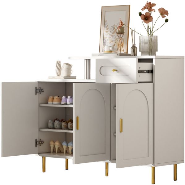 Kommode/Sideboard/Schuhschrank mit Metallgriffen, 1 Schublade und 3 Türen, auf Metallfüßen, Weiß. Maße: B120 × H92 × T35 cm Bild 5