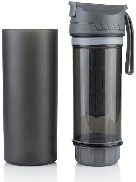 Arendo Trinkflasche Outdoor-Wasserfilterflasche 750 ml, Easy-Press, mit Karabiner, 1500 l, bis 99,99 % Viren/Bakterien, Mikroplastik & viele Chemikalien