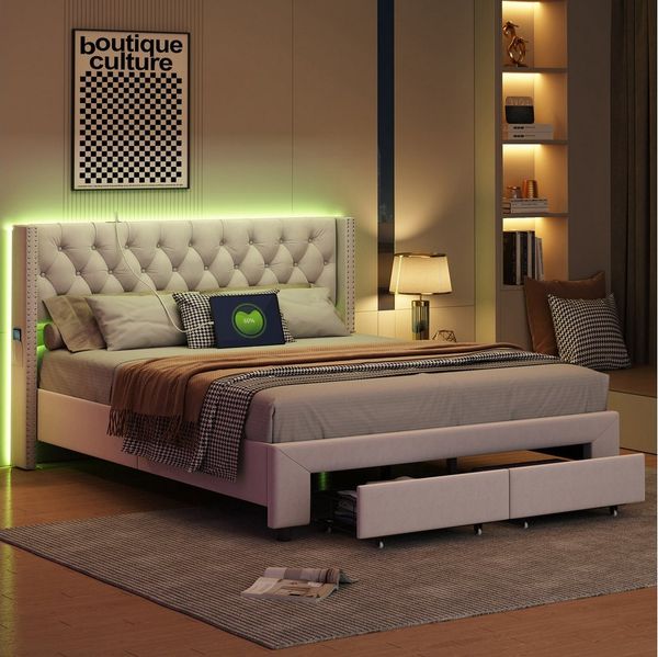 Simurq Polsterbett Doppelbett 180x200 cm LED USB (1-tlg, Inkl. Ladefunktion, RGB Beleuchtung, 2 Schubladen), Stauraumbett mit Komforthöhe Lattenrost, Leises Design Bett