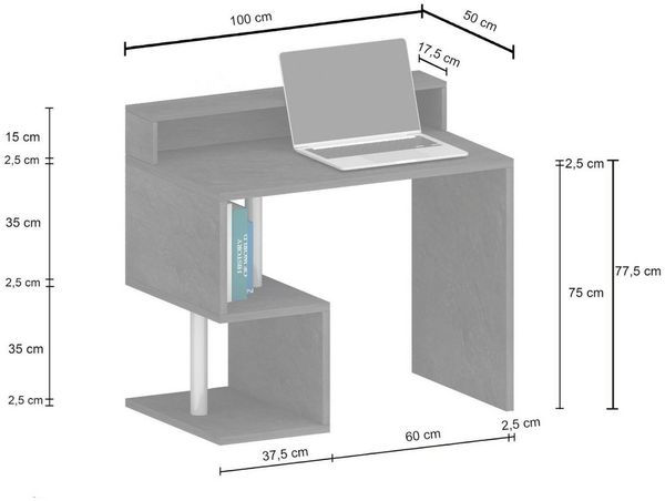Dmora Schreibtisch Giusy, Linearer Schreibtisch mit Ablagefächern und LED-Leuchten, Mehrzweck-Büroschreibtisch mit Platte, 100x50h93 cm, Schiefer Bild 3