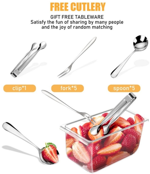 POPOLIC Salatbox Obstsalatbox aus Acryl mit 5 Fächern und Besteckset aus Edelstahl Bild 2