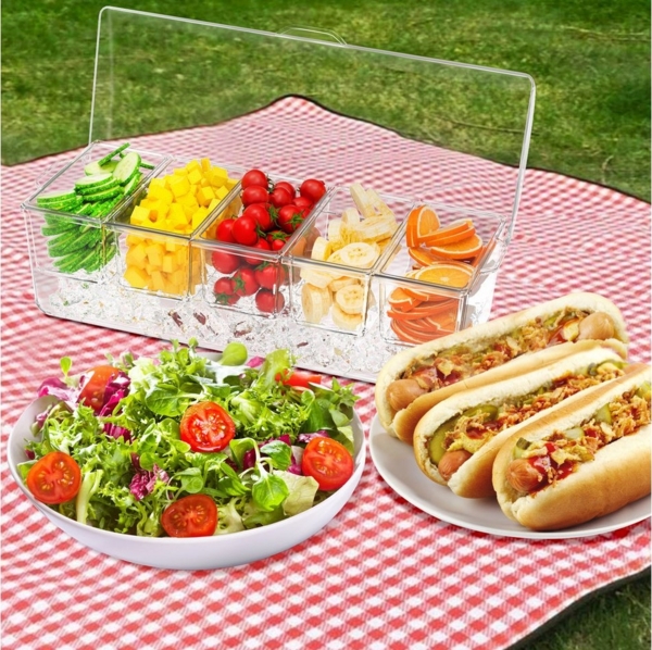 POPOLIC Salatbox Obstsalatbox aus Acryl mit 5 Fächern und Besteckset aus Edelstahl Bild 3