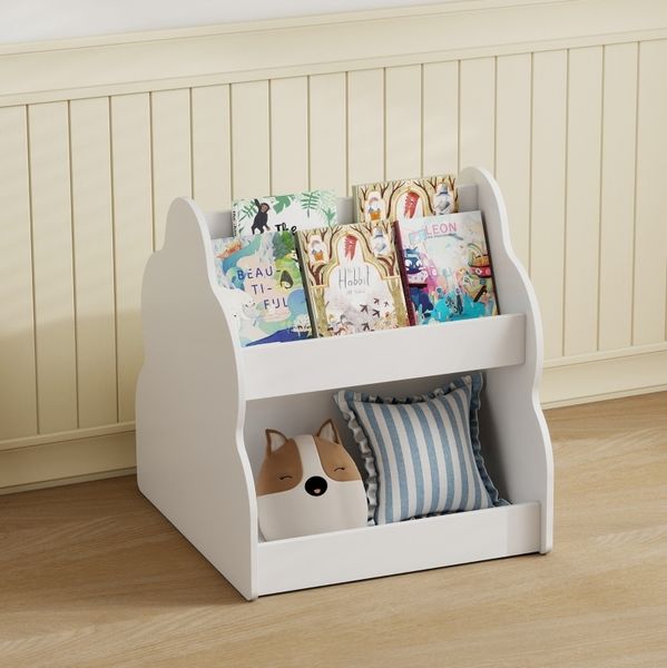 Kinderregal 54 x 50 x 56 cm Weiß – beidseitiges Bücherregal mit 4 Fächern und Rollen