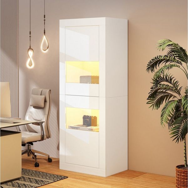 Merax Standvitrine Vitrine mit LED-Beleuchtung inkl. APP (1-St) Hochschrank mit erstellbaren Glasböden & Kippsicherung, 61x42x162 cm