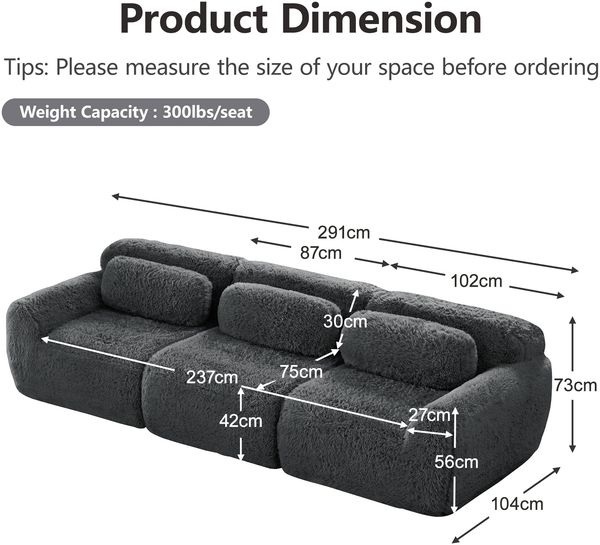 Sofa, modulares Ecksofa mit großzügiger Sitzfläche, Plüschstoff, Grau, ohne Montage,291*104*73 cm Bild 3