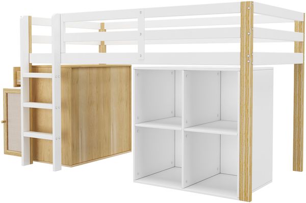 Kinderhochbett, multifunktionales Kinderbett, einzelnes Kinderbett, mit 2 Aufbewahrungsschrank und Leiter, ohne Matratze, 90 x 200 cm, Natur + Weiß Bild 10
