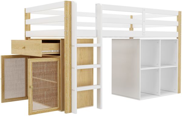Kinderhochbett, multifunktionales Kinderbett, einzelnes Kinderbett, mit 2 Aufbewahrungsschrank und Leiter, ohne Matratze, 90 x 200 cm, Natur + Weiß Bild 9