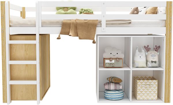 Kinderhochbett, multifunktionales Kinderbett, einzelnes Kinderbett, mit 2 Aufbewahrungsschrank und Leiter, ohne Matratze, 90 x 200 cm, Natur + Weiß Bild 8