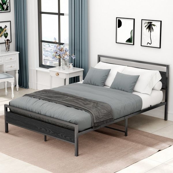 HAUSS SPOLE Metallbett mit MDF-Kopfteil, Lattenrost, modernes Design, 140 x 200 cm, schwarz (140x200cm ohne Matratze), mit Lattenrost, Bettrahmen Gästebett Jugendbett