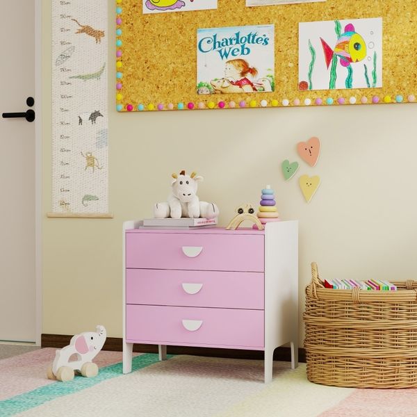 Kinderkommode mit 3 Schubladen, 60 x 40 x 60 cm, rosa-Weiß, Melaminoberfläche