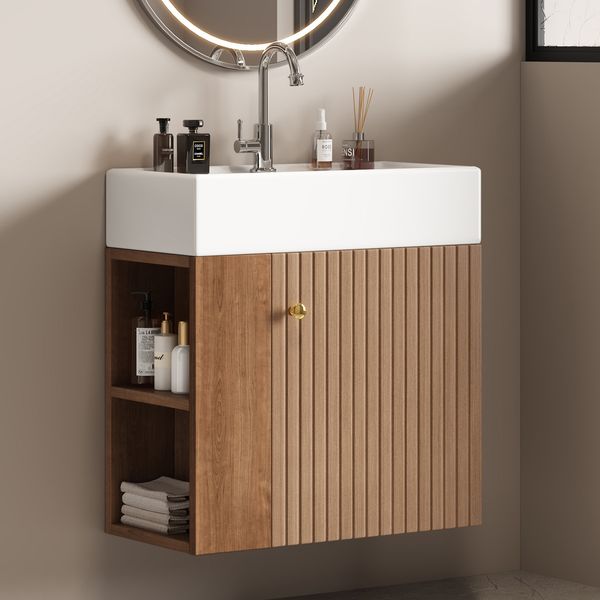 Flieks Waschtisch 55 x 31 x 66.5 cm, wandhängender Badezimmerschrank mit Keramikwaschbecken, Seitregal, Soft-Close Tür, Braun
