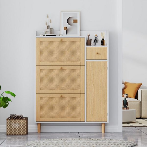 Furnishings Home Schuhschrank Schuhregal Step 4 Schuhständer Schuhkommode (mit 3 Klappen, 1 Schubladen, 2 Fächern) Schuhkipper, Breite 90 cm, Tief 17 cm