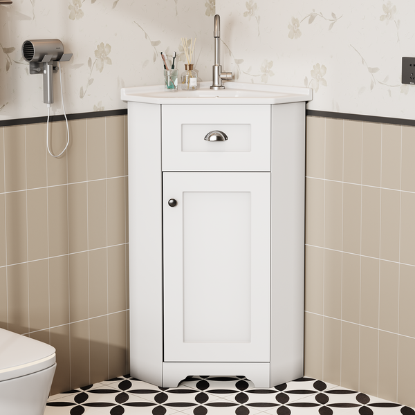 Merax Badezimmerschrank platzsparend Standmodell mit Einzelwaschbecken, MDF wasserfester Korpus, Keramikwaschbecken, Metallgriff, Badezimmer Aufbewahrungsschrank, weiß