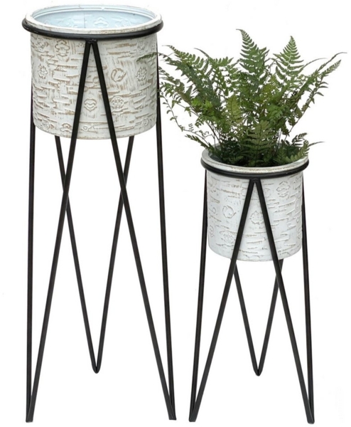 DanDiBo Blumenhocker mit Topf Metall Schwarz Weiß 2er Set Blumenständer 96043 Blumensäule Modern Pflanzenständer Pflanzenhocker