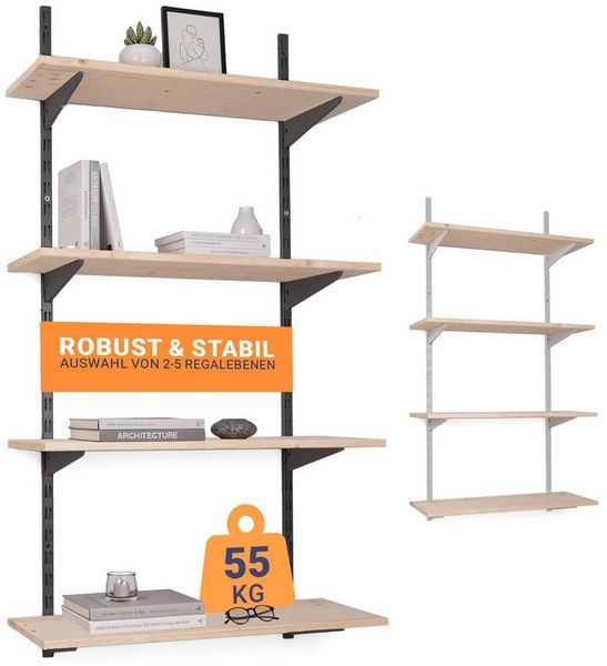 BOOMET Wandregal Metall Regal mit Fichtenböden · Regalsystem in 50 Größen ·, 80 15-tlg, Bausatz · Wandschienen Regalsystem · Regalträger Schienensystem